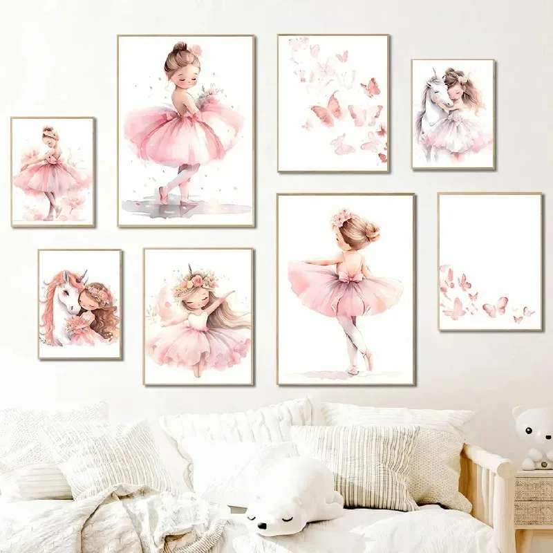 Baby Nursery Frames - Roze Ballerina Meisje Eenhoorn Vlinder Poster