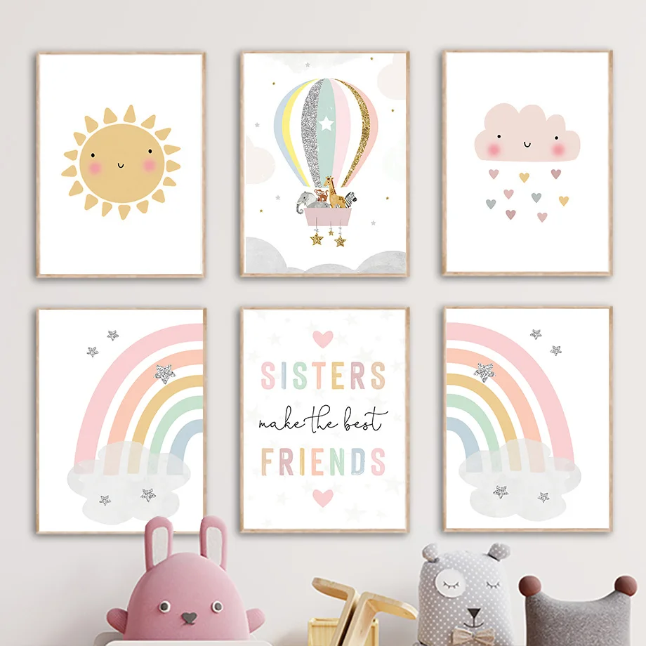Baby Nursery Kids - Giraffe Olifant Heteluchtballon Zon Regenboog Kinderkamer