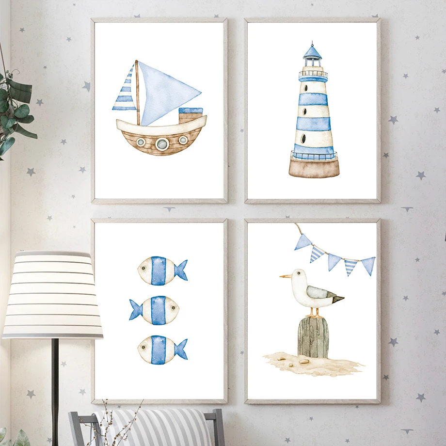 Baby Nursery Kids - Zeilboot Vuurtoren Vis Nautische Kinderkamer Posters