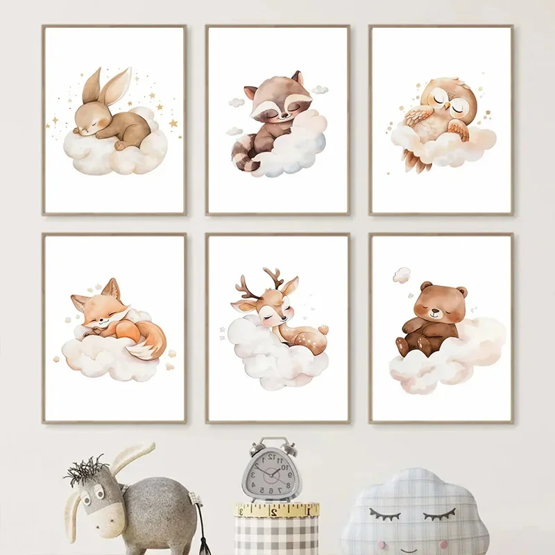 Baby Nursery Frames - Cartoon Cloud Animal Canvas Schilderij Wall