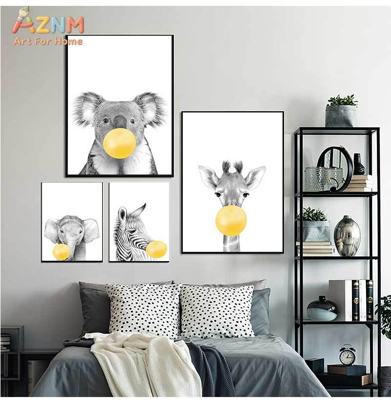 Baby Nursery Yellow Walls - Babykamer gele ballonnen dieren wanddecoratie poster
