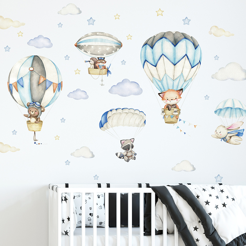 Baby Nursery Wall Stickers - Cartoon Schattige Dieren Luchtballon Muurstickers voor