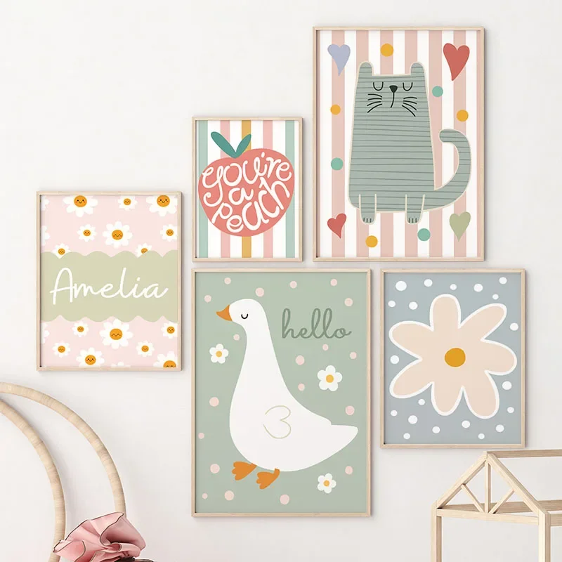 Baby Nursery Kids - Cartoon Kat Eend Vogel Appel Custom
