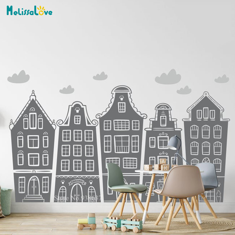 Baby Nursery Wall Stickers - Scandinavische Huizen & Wolken Decal Kwekerij