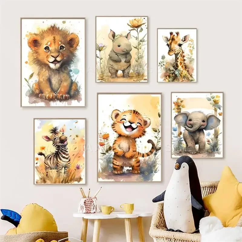 Baby Nursery Kids - Aquarel Leeuw Giraffe Tijger Olifant Zebra