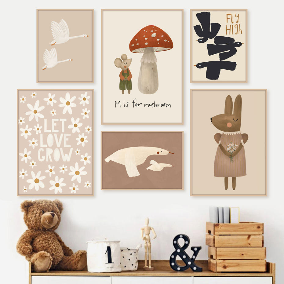 Baby Nursery Frames - Boho Cartoon Konijn Muis Ganzenposters Kinderkamer