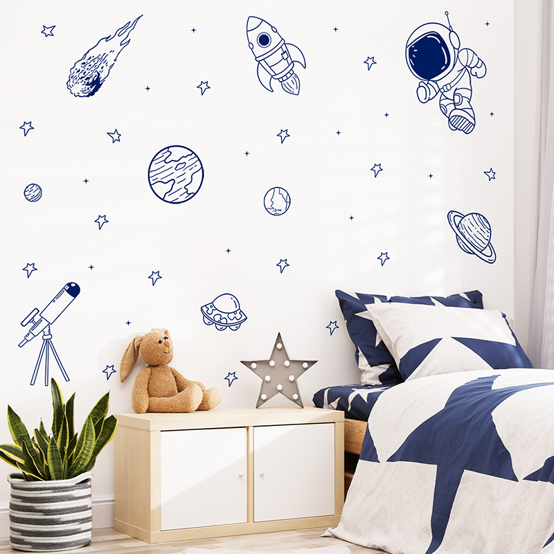 Baby Nursery Wall Stickers - Cartoon Universe Astronaut Planeet Raket Muursticker